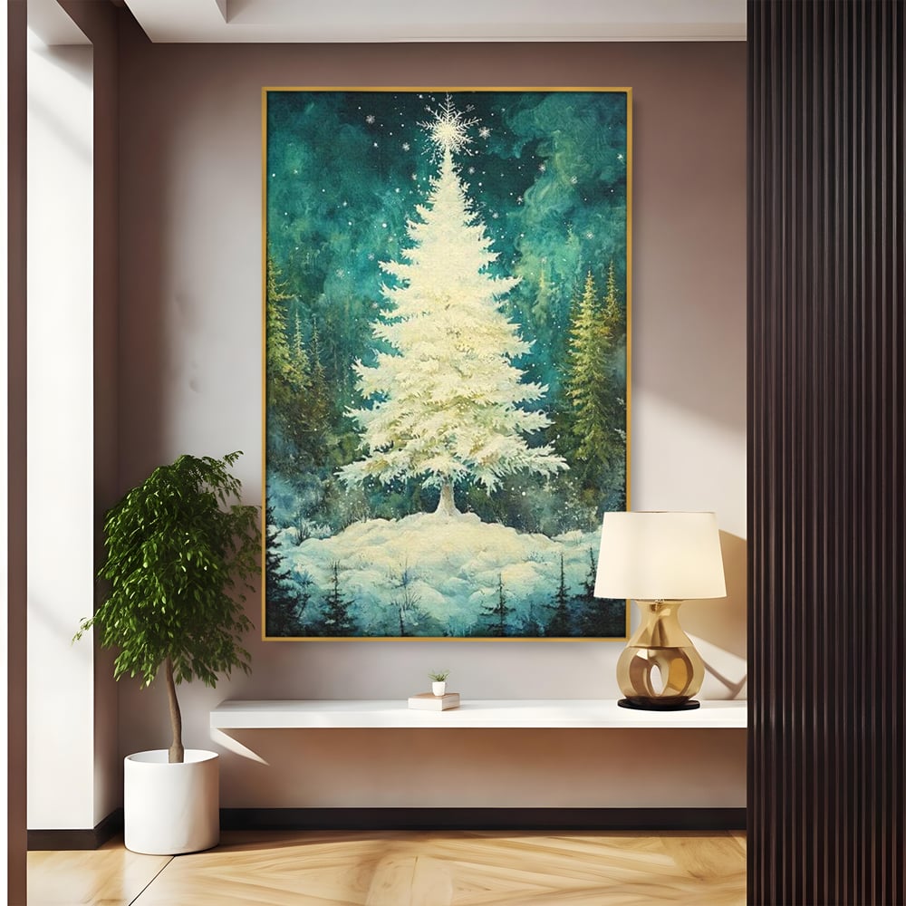 Tablou canvas cu pictura cu brad alb inzapezit, in rama de aluminiu auriu
